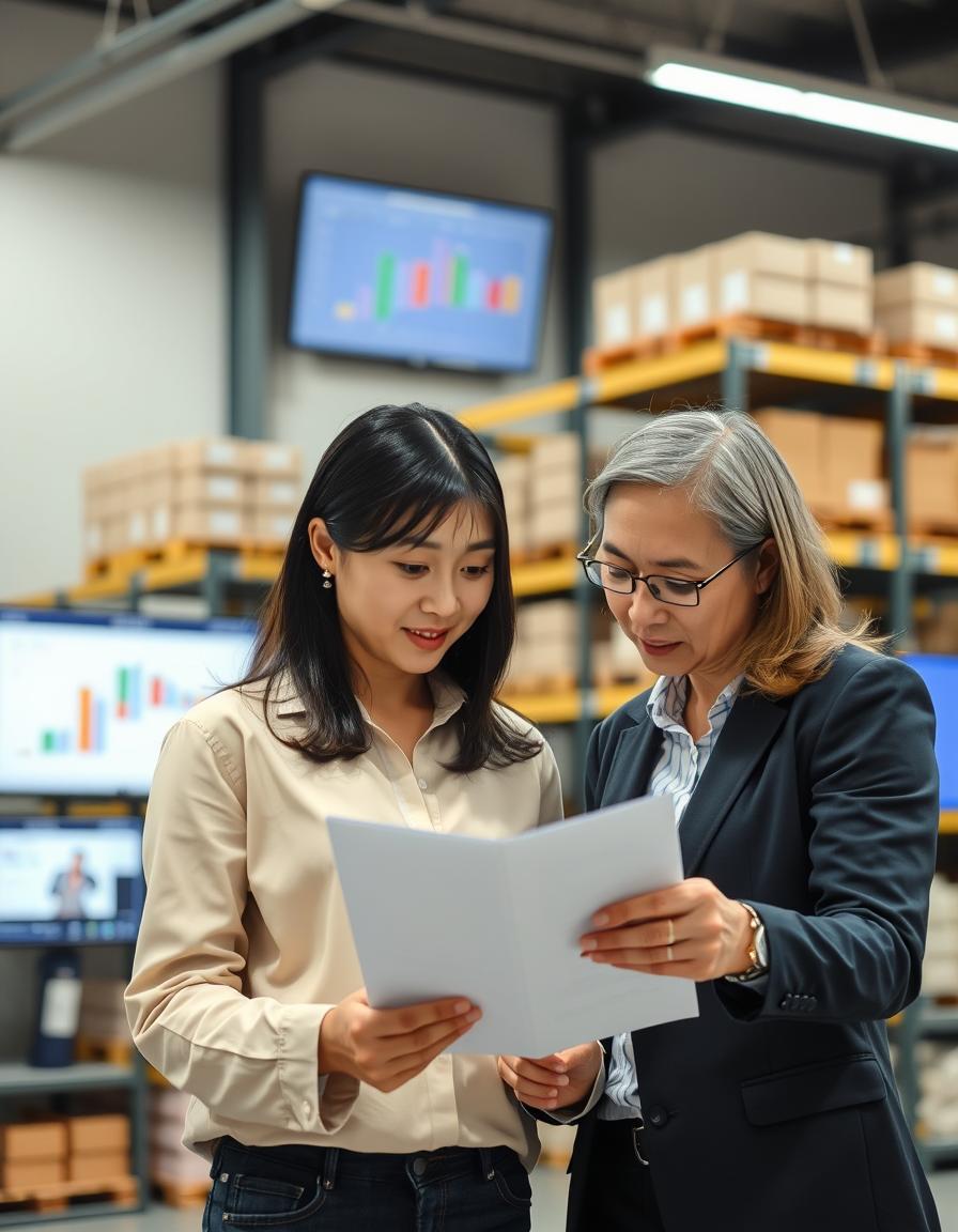 A modern logistics with Korean and European professionals collaborating on operational planning, reviewing documents on a tablet or laptop, with neatly organized products and logistics visuals in the background.