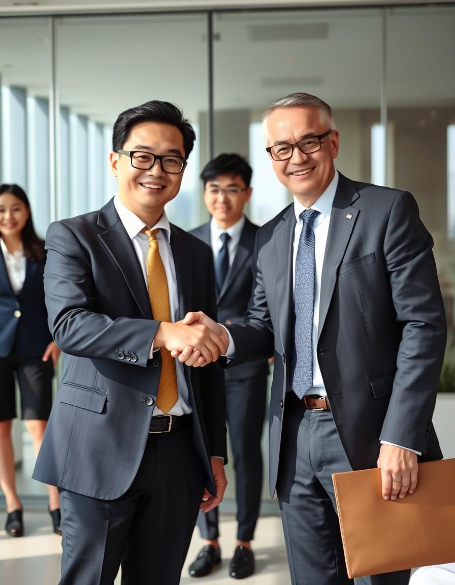 A professional business setting where a Korean and a European executive confidently shake hands over a conference table, symbolizing a strategic partnership benefiting from EHG World International Business Consulting Services.